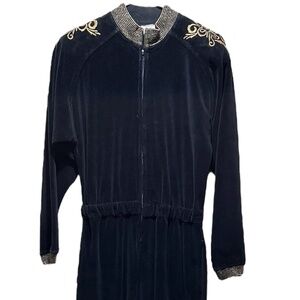 Vintage - 80's Black Velour Jumpsuit w/ Gold Accents